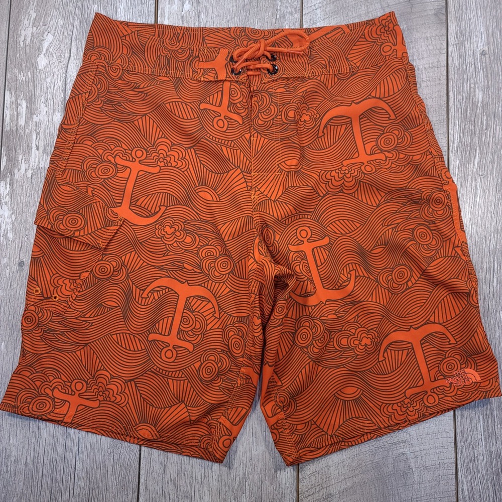 The North Face Board Shorts Mens 34 Orange Anchor Wave Print Swim Trunks